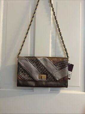 Elliott Lucca Metallic Pewter and Bronze Woven  Chain Clutch